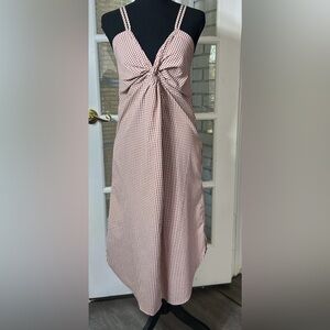 Midi Dress Women L Rosado/White Gingham Knot Front Sleeveless V-Neck